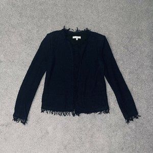 IRO Shavani Fringe Tweed Open Front Navy Blue Jacket 38 $380